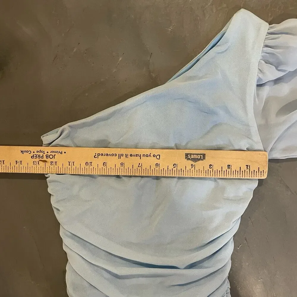 Hello Molly Blue Runched Dress Size 4 One Shoulder Balloon‎ Sleeve Dress Mini - Picture 4 of 8